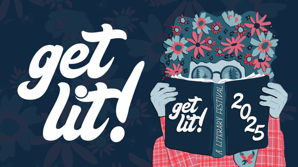 Get Lit! Cartoon character reading.