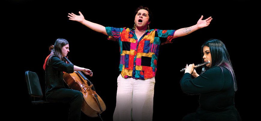 Singer performing with a cello player performing on each side.