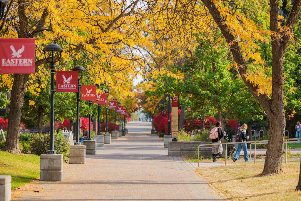 Photo of EWU campus in the fall with flags.