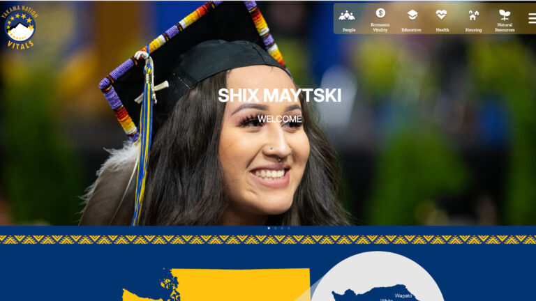 Website screenshot shows smiling woman in graduation cap.