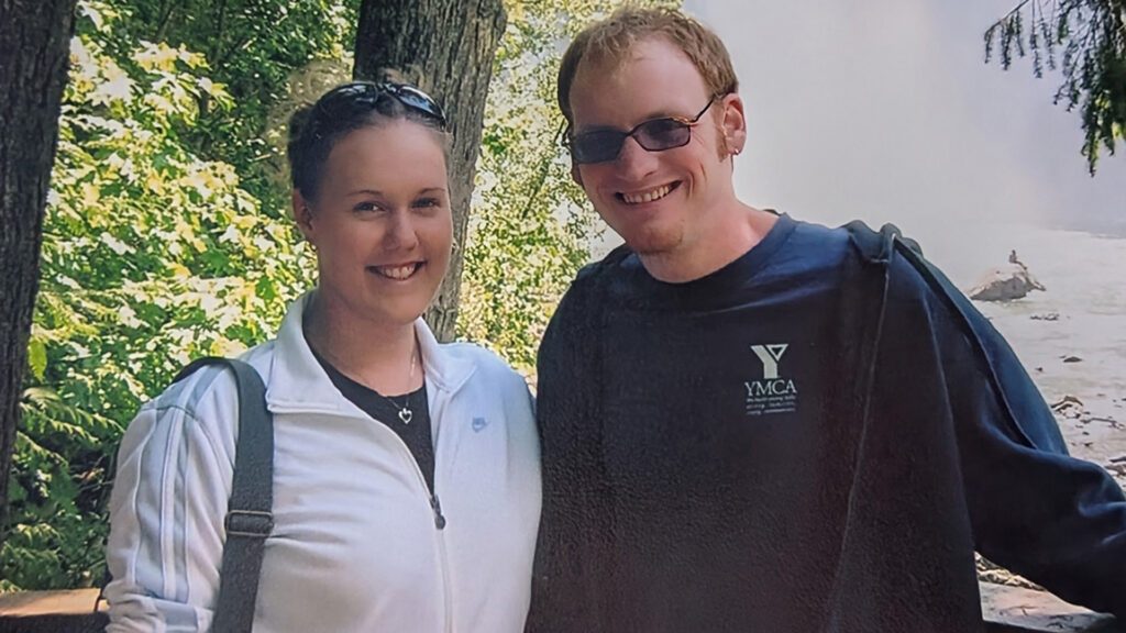 Tessa and John Delbridge as college sweethearts visiting Snoqualmie Falls.