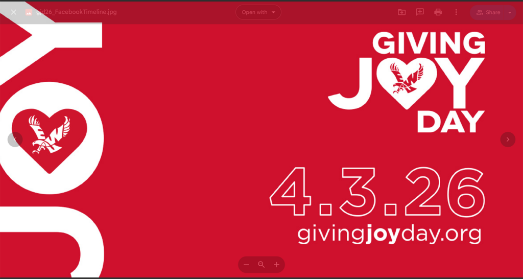 Banner that says Giving Joy Day with 4.3.26 and the website, givingjoyday.org. The letter O in joy has a heart shape with an eagle.