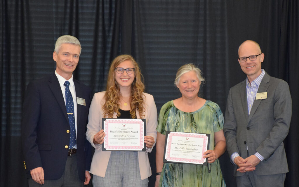 Dean's Excellence Award recipient Alexandria Nepean stand with Faculty Mentor Senior Lecturer Polly Buckingham, and Co-Deans Brian Donahue and Pete Porter